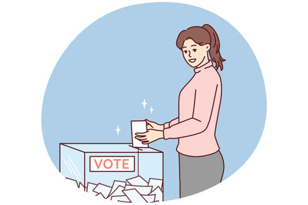 Woman throws ballot into box casting vote for presidential or congressional candidate. Vector imageのイラスト素材