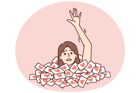 Woman with frightened face raises hand asking for help when drowning in likes. Vector imageのイラスト素材
