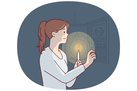 Woman with burning candle approaches power shield to find out reason for energy outage. Vector imageのイラスト素材