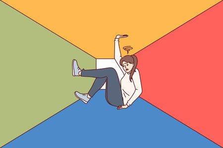 Woman with claustrophobia is caught in multi-colored trap and experiences stressのイラスト素材