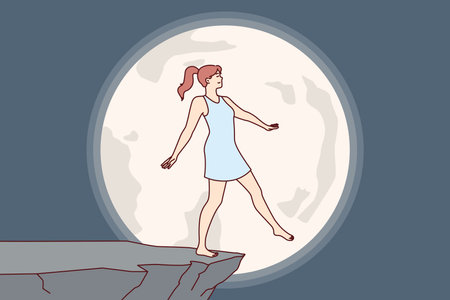 Woman experiences nightmare at night, imagining falling off cliff during full moonのイラスト素材