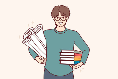 Man student with textbooks and papers for creating engineering drawings, smiles and looks at screenのイラスト素材