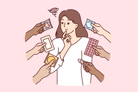 Woman chooses method of contraception from birth control pills and condoms for safe sexのイラスト素材