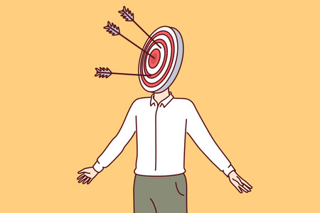 Man with target on head symbolizes targeted marketing and having portrait of potential clientのイラスト素材