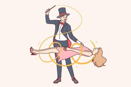 Man magician demonstrates magic trick by making woman assistant levitate during circus performanceのイラスト素材