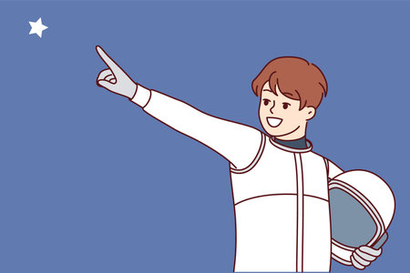 Boy astronaut points finger at star and holds spacesuit in hands for flight into spaceのイラスト素材