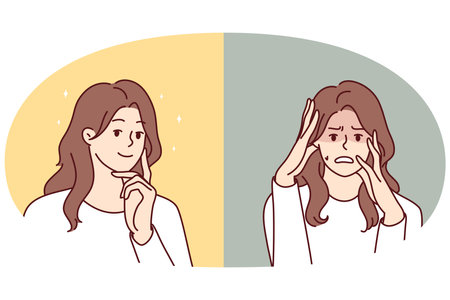 Discouraged woman with scared face and positive girl in casual t-shirt touching chin. Vector imageのイラスト素材