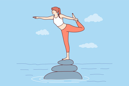 Woman does pilates or yoga, standing on river rocks on one leg, maintaining perfect balanceのイラスト素材