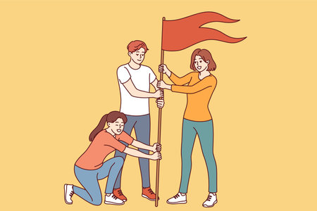 Team of successful people plants victory flag, symbolizing excellent teamwork and personal growthのイラスト素材