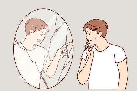 Man suffering from hallucinations and mental disorder looks in mirror with evil reflectionのイラスト素材