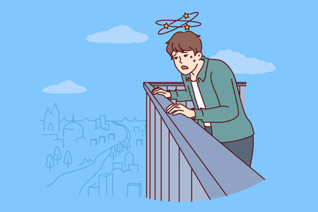 Frightened man with acrophobia and fear of heights looks down from roof of skyscraperのイラスト素材