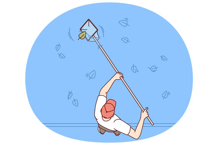 Man cleans pool or pond from leaves fallen from trees to prevent rotting and water contaminationのイラスト素材