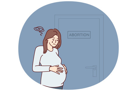 Upset pregnant woman near door with abortion sign after making difficult decisionのイラスト素材