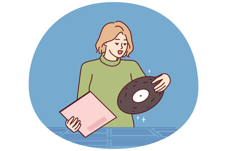 Woman chooses vinyl record standing in store for retro music collectors and analog audio loversのイラスト素材