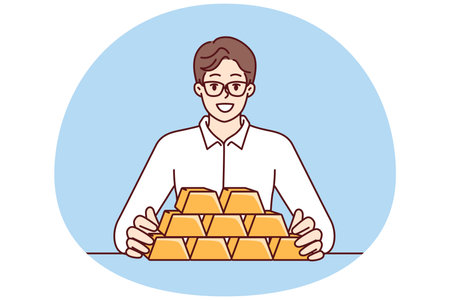 Businessman with gold bars sitting at table for precious metals investment conceptのイラスト素材