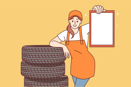 Woman mechanic from car repair shop stands near replacement tires for car wheels, holds clipboardのイラスト素材