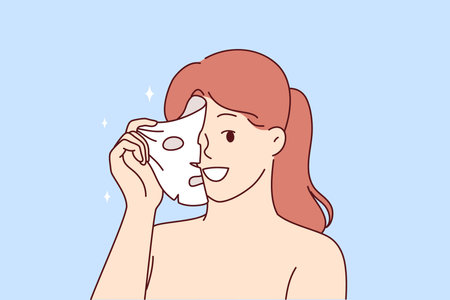 Woman uses rejuvenating face mask, following advice cosmetologist who recommended rid of wrinklesのイラスト素材