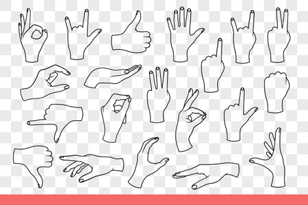 Various gestures are made with hands of woman signaling using arms. Hand drawn doodle.のイラスト素材