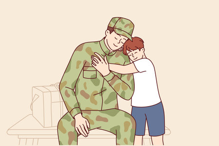 Return home of soldier who has served in army and is rejoicing at long-awaited meeting with sonのイラスト素材