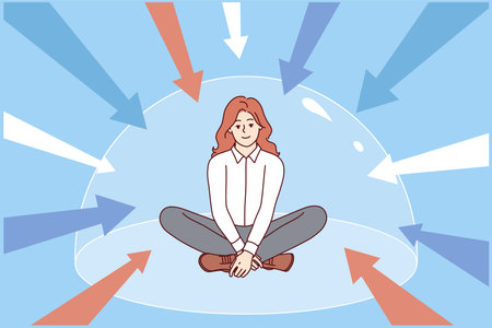 Woman sits in dome protecting from external negative influences, for concept of good mental healthのイラスト素材