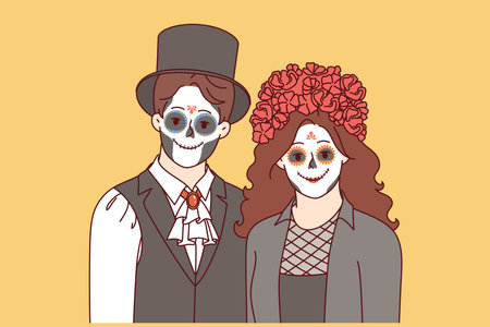 Creepy couple dressed up to celebrate halloween and create creepy atmosphere at night partyのイラスト素材