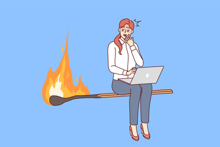 Woman freelancer is afraid of danger of violating business deadlines, sitting on burning matchのイラスト素材