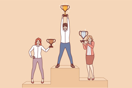 Business people stand on pedestal and hold award cups received for outstanding careers and skillsのイラスト素材