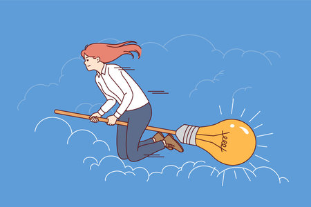 Ambitious businesswoman flies on broomstick with light bulb, symbolizing desire to fulfill ideaのイラスト素材
