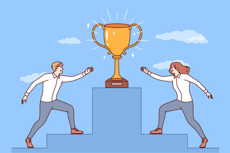 Business people are running towards gold cup at podium, trying to be first to grab award.のイラスト素材