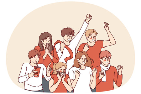 Men and women baseball fans shout and wave hands to support athletes from favorite teamのイラスト素材