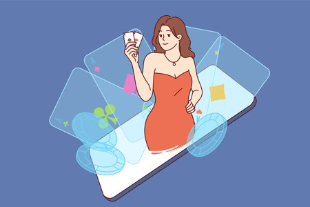 Woman winner of poker tournament in mobile casino looks out of phone and holds playing cards in handのイラスト素材