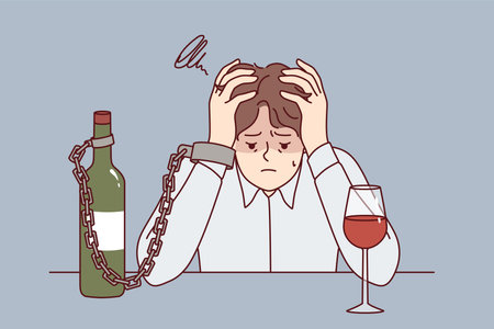 Man suffering from alcohol addiction is chained to bottle of wine, sitting at table clutching headのイラスト素材