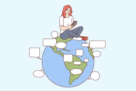 Woman uses online translator in mobile phone to communicate in different languages, sitting on globeのイラスト素材