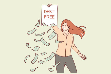 Woman demonstrates debt free inscription on contract, rejoicing at fulfillment of lenderのイラスト素材