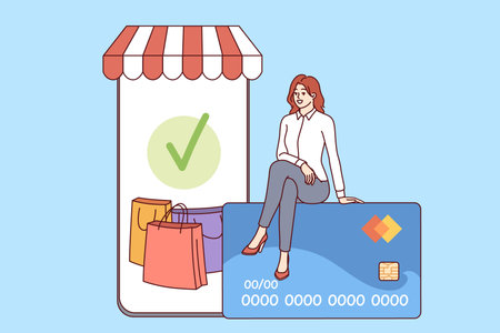 Phone for mobile shopping and woman shopper sitting on credit card to pay for online purchasesのイラスト素材