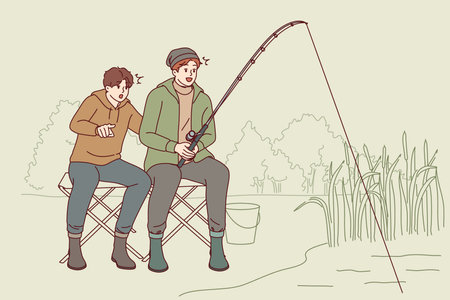 Son and father are fishing in lake, mouths open in anticipation of big catch at sight of fishのイラスト素材
