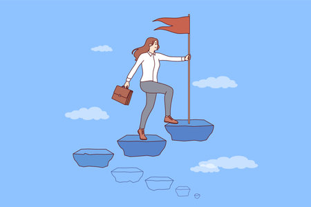 Business woman leader climbs career ladder and plants flag at top, demonstrating victory of feminismのイラスト素材
