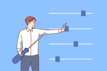 Man manages business using configuration sliders to control processes of executing plansのイラスト素材