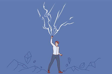 Powerful business man raises hand up near lightning bolts, demonstrating self-confidenceのイラスト素材