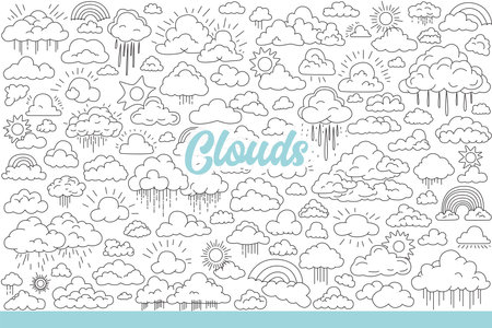 Clouds of different sizes float in sky with raindrops and sun or rainbow. Hand drawn doodleのイラスト素材
