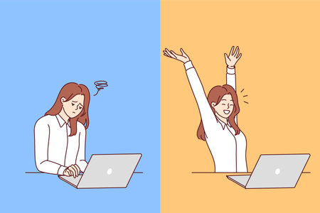 Woman freelancer experiences sudden mood swings and fatigue while working on project at laptopのイラスト素材