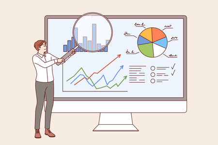 Man business analyst demonstrates charts in CRM system, standing near large computer monitorのイラスト素材