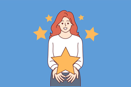 Feedback from woman showing large star, symbolizing high rating for quality productのイラスト素材