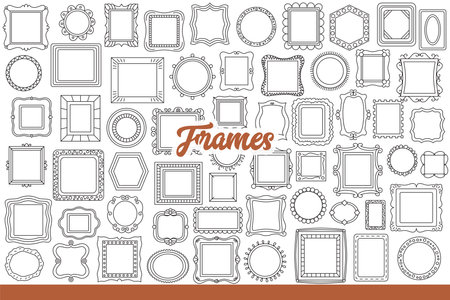 Frames for paintings and photographs decorating wall in art gallery or museum. Hand drawn.のイラスト素材