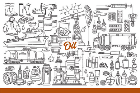 Oil industry extracts petroleum and produces gasoline or plastic goods. Hand drawn.のイラスト素材