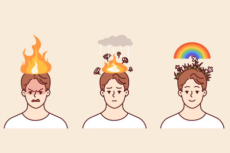Man feels relieved and cleared of psychological negativity, stands with flame or rainbow above headのイラスト素材