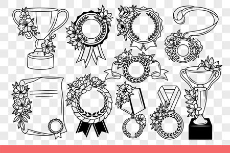 Awards and prizes for winner of first place in competitions or olympiads. Hand drawn.のイラスト素材