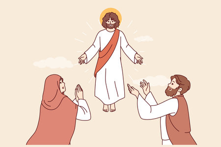 Second coming of Jesus from christian religion makes believers pray, watch flight of godのイラスト素材