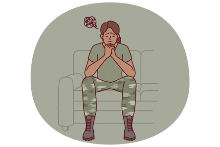 Woman soldier suffers from ptsd caused by bad memories after participating in combat operationsのイラスト素材