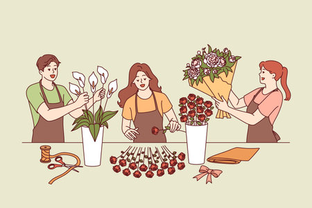 Flower shop employees collect festive bouquets for wedding or holiday party decoration.のイラスト素材